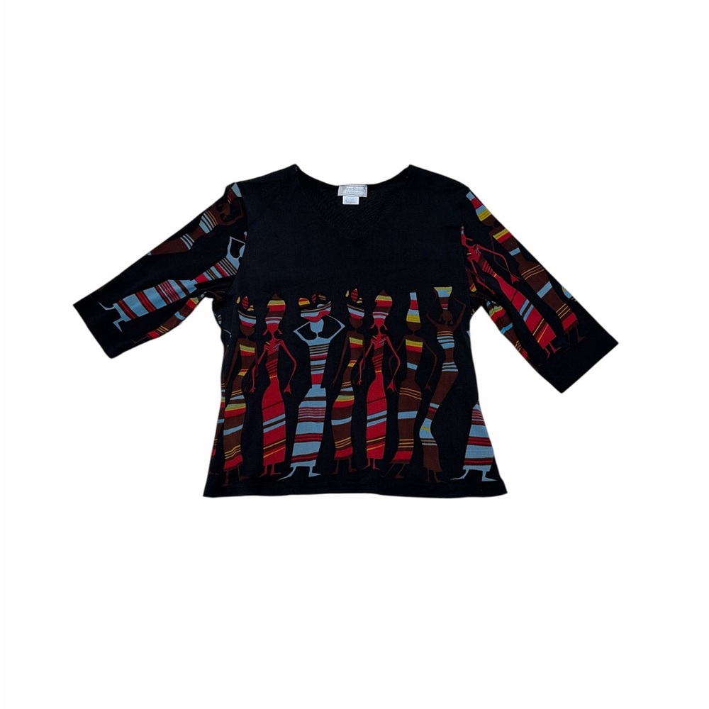 Girls' Black Graphic Ballet-Sleeve Top with Colorful Stripe Figures